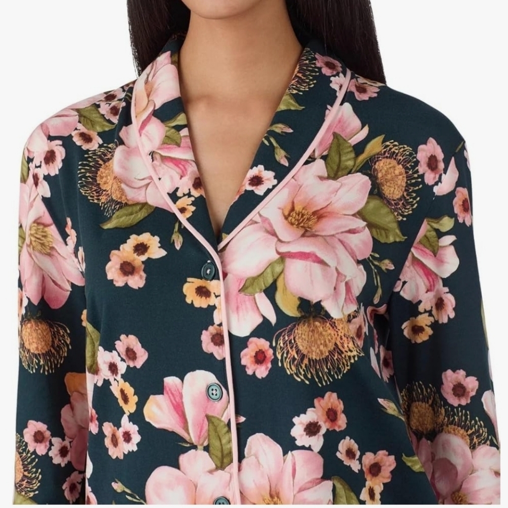 New Room Service Pajama 2 Piece Set Shawl Collar Punk Black Floral Pjs - Picture 5 of 6